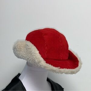 United Hatters Cap & Millinery Red Bucket Corduroy Hat Snaps Faux Fur Trim Vtg